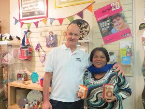 Pamela and Andy at the Fairtrade café/shop in Inverurie